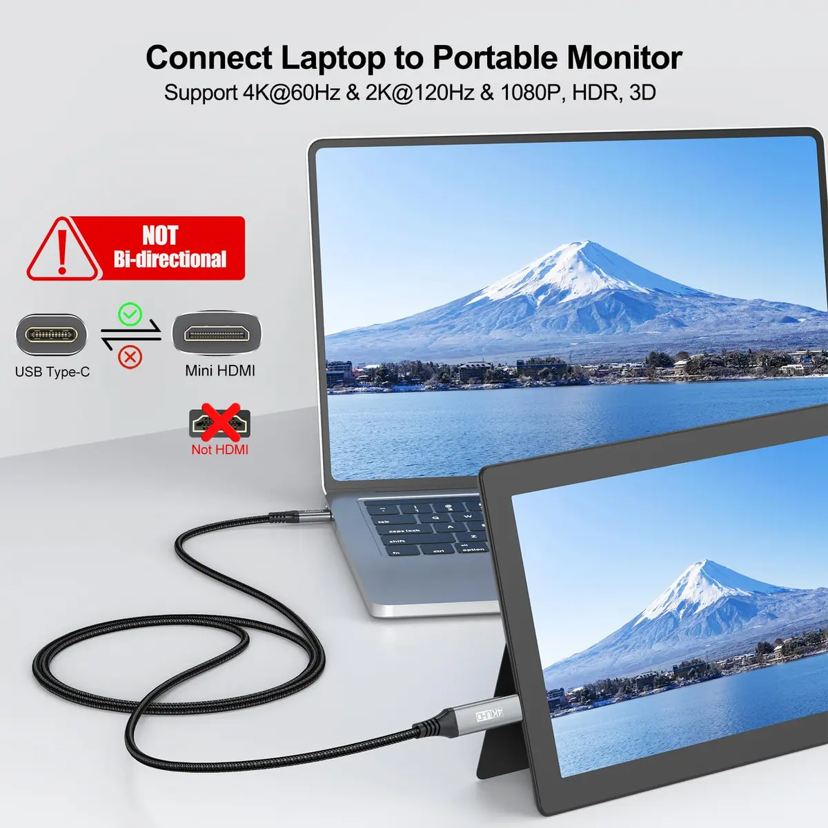 UVOOI USB C to Mini HDMI Cable 20cm (2ft) | 4K@60Hz High Speed for Portable Monitors - view 2
