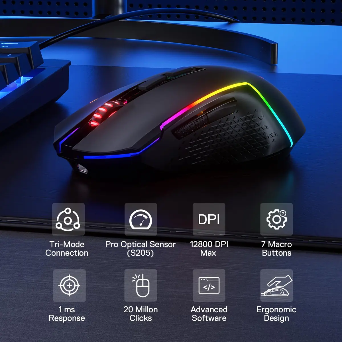 Redragon M693 LIT Wireless RGB Gaming Mouse 12800 DPI 7 Programmable Buttons | 3-Mode Connectivity - view 2