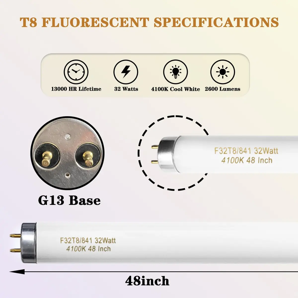 Konideke 48 Inch T8 Fluorescent Tube Light Bulb 32W 4100K Cool White 2850 Lumens G13 Base (10 Pack) - view 2