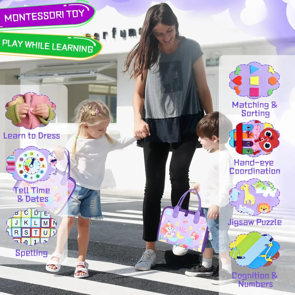 Esjay Busy Board Montessori Toys for Girls, Purple Multipages | Educational Activities for Fine Motor Skills - view 6