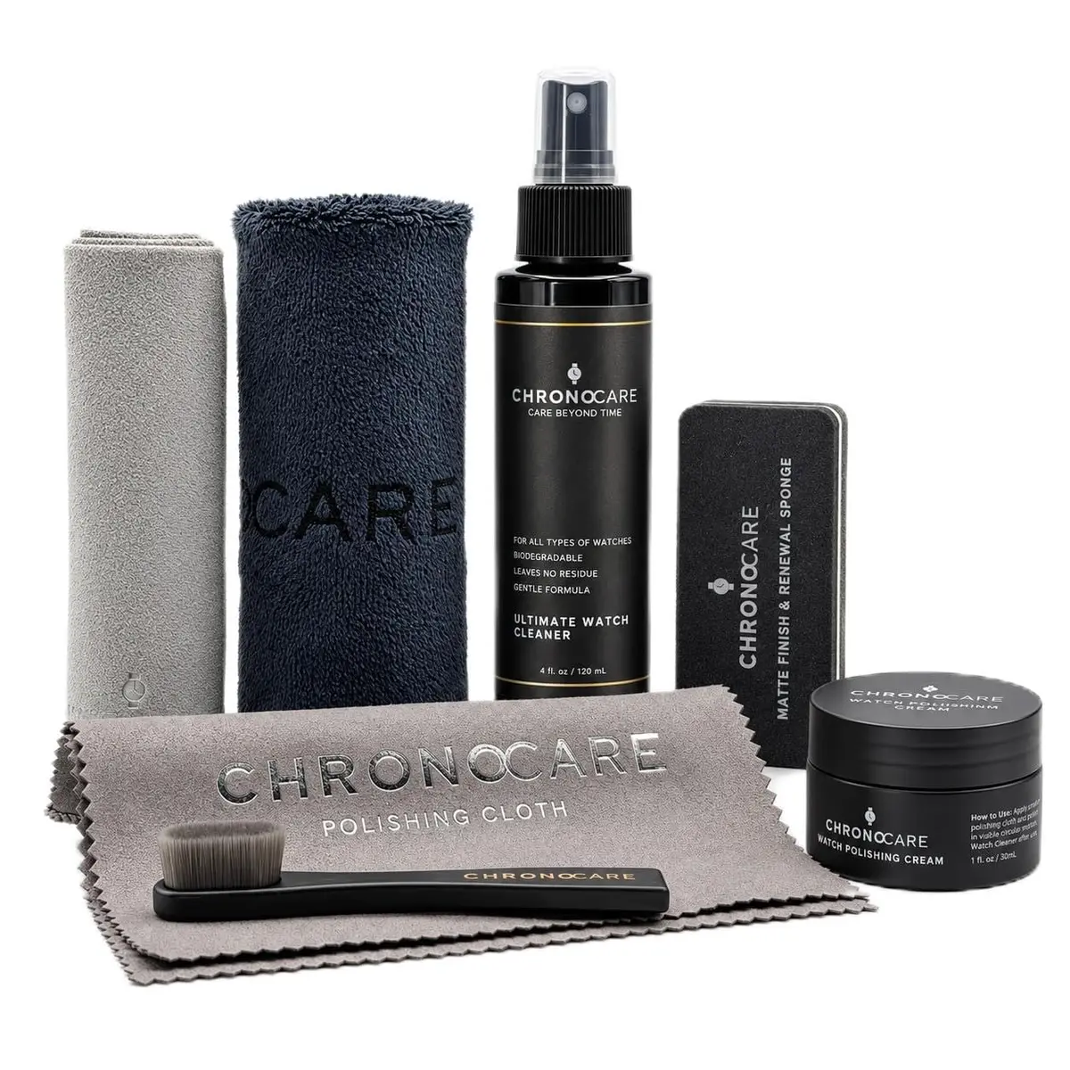 ChronoCare Watch Polishing & Cleaning Kit – Scratch Repair Cream, Cloth, Spray, Sponge, Brush & Towel, Safe for Luxury Metal Watches - main product image