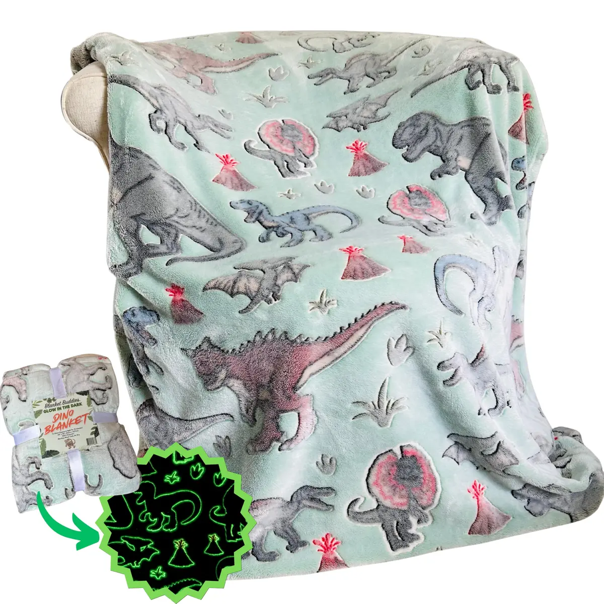 Blanket Buddies Glow in The Dark Dinosaur Throw Blanket 50" x 60" (127 x 152 cm) | Soft Fleece Kids Blanket with T Rex, Velociraptor - main product image