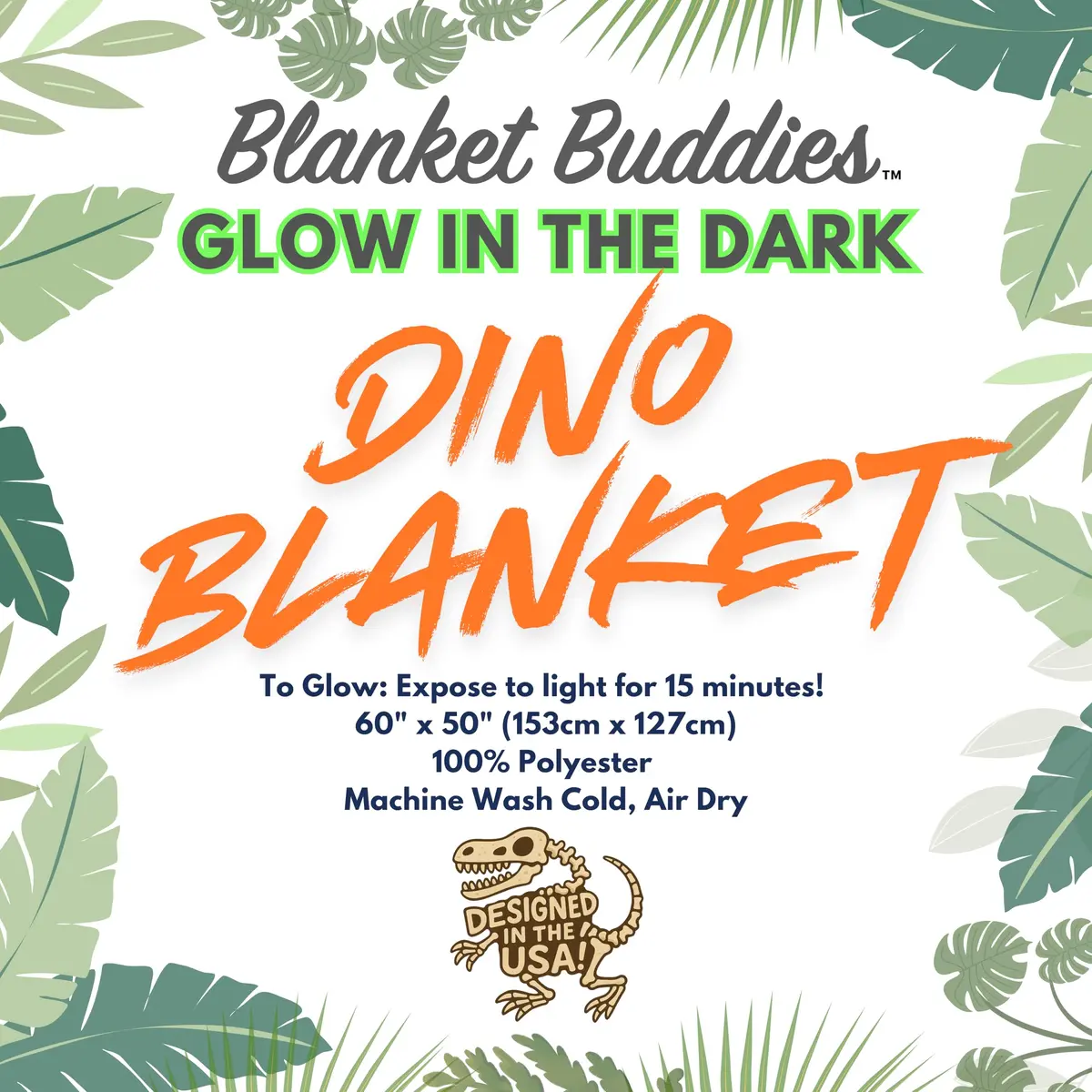 Blanket Buddies Glow in The Dark Dinosaur Throw Blanket 50" x 60" (127 x 152 cm) | Soft Fleece Kids Blanket with T Rex, Velociraptor - view 5