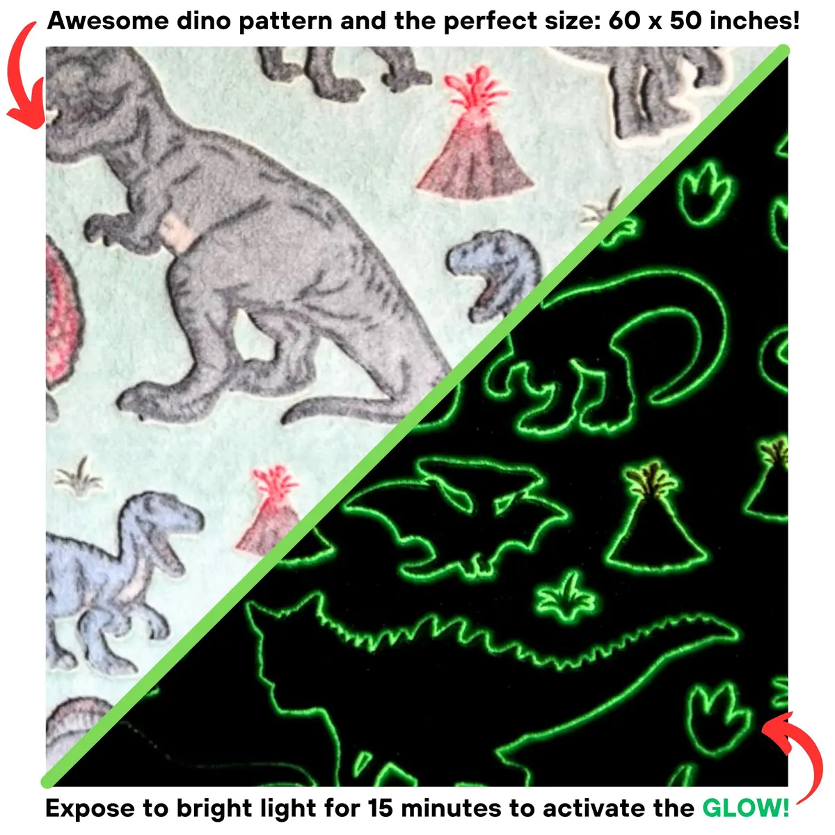 Blanket Buddies Glow in The Dark Dinosaur Throw Blanket 50" x 60" (127 x 152 cm) | Soft Fleece Kids Blanket with T Rex, Velociraptor - view 2
