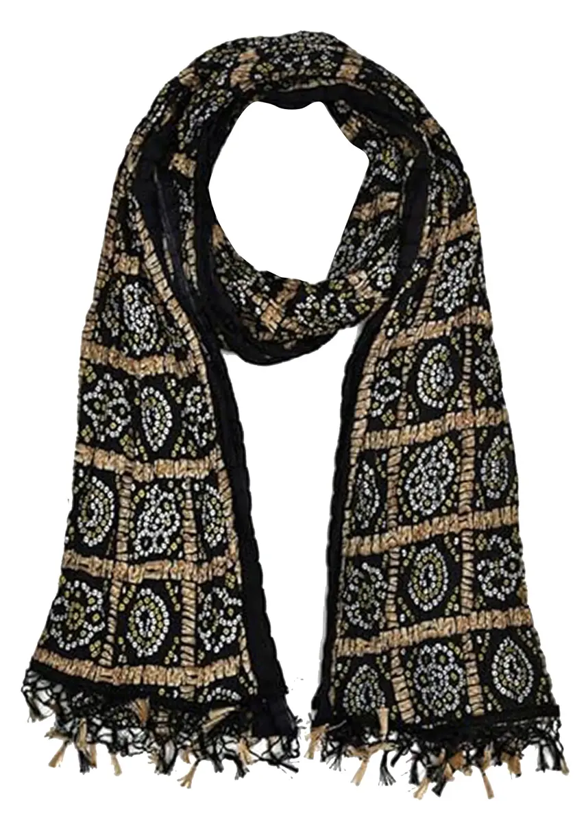 TRENDMALLS Women's Bandhej Chinon Silk Dupatta 225cm x 120cm | Black Geometric Print with Tassel Border - main product image