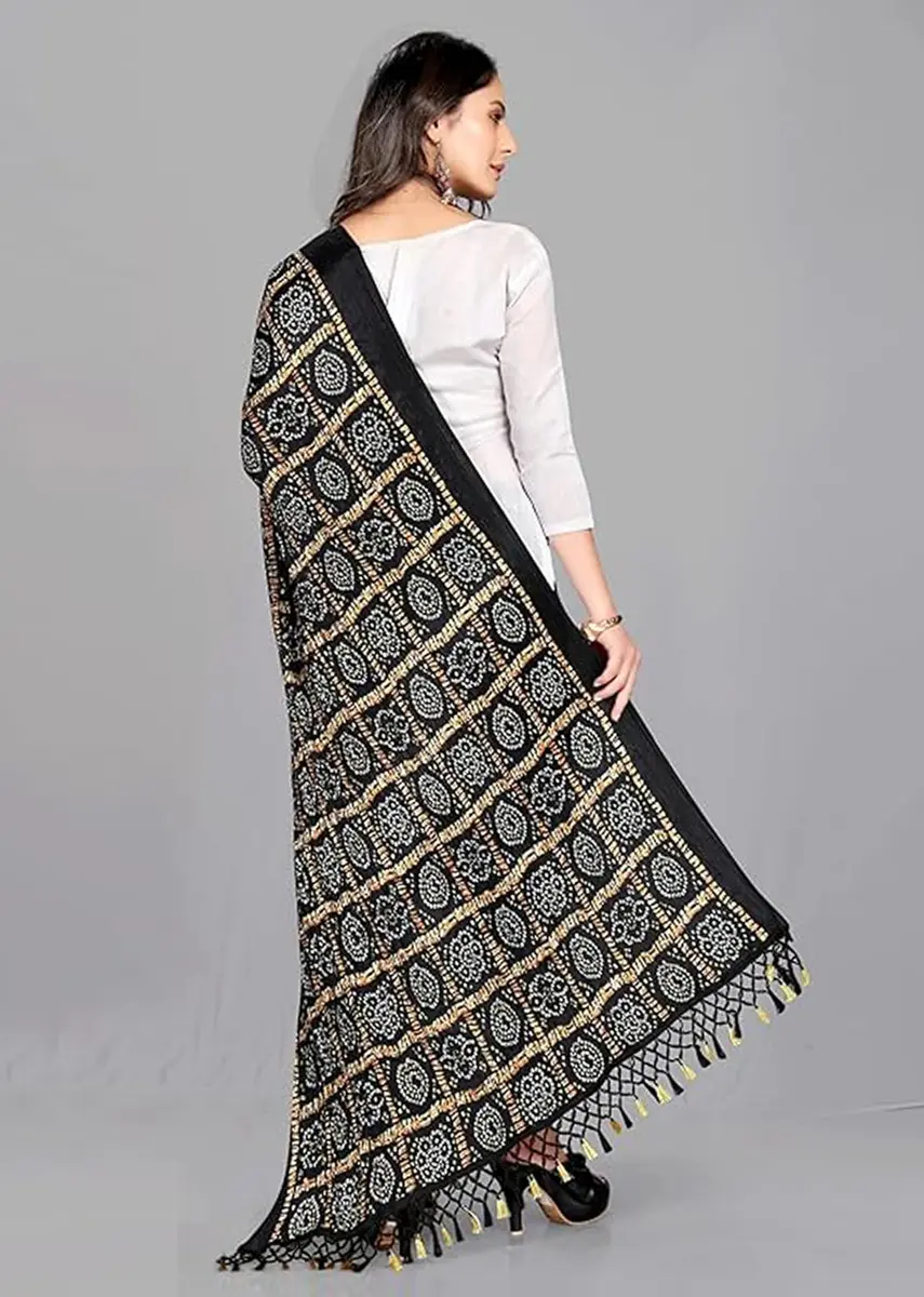 TRENDMALLS Women's Bandhej Chinon Silk Dupatta 225cm x 120cm | Black Geometric Print with Tassel Border - view 2