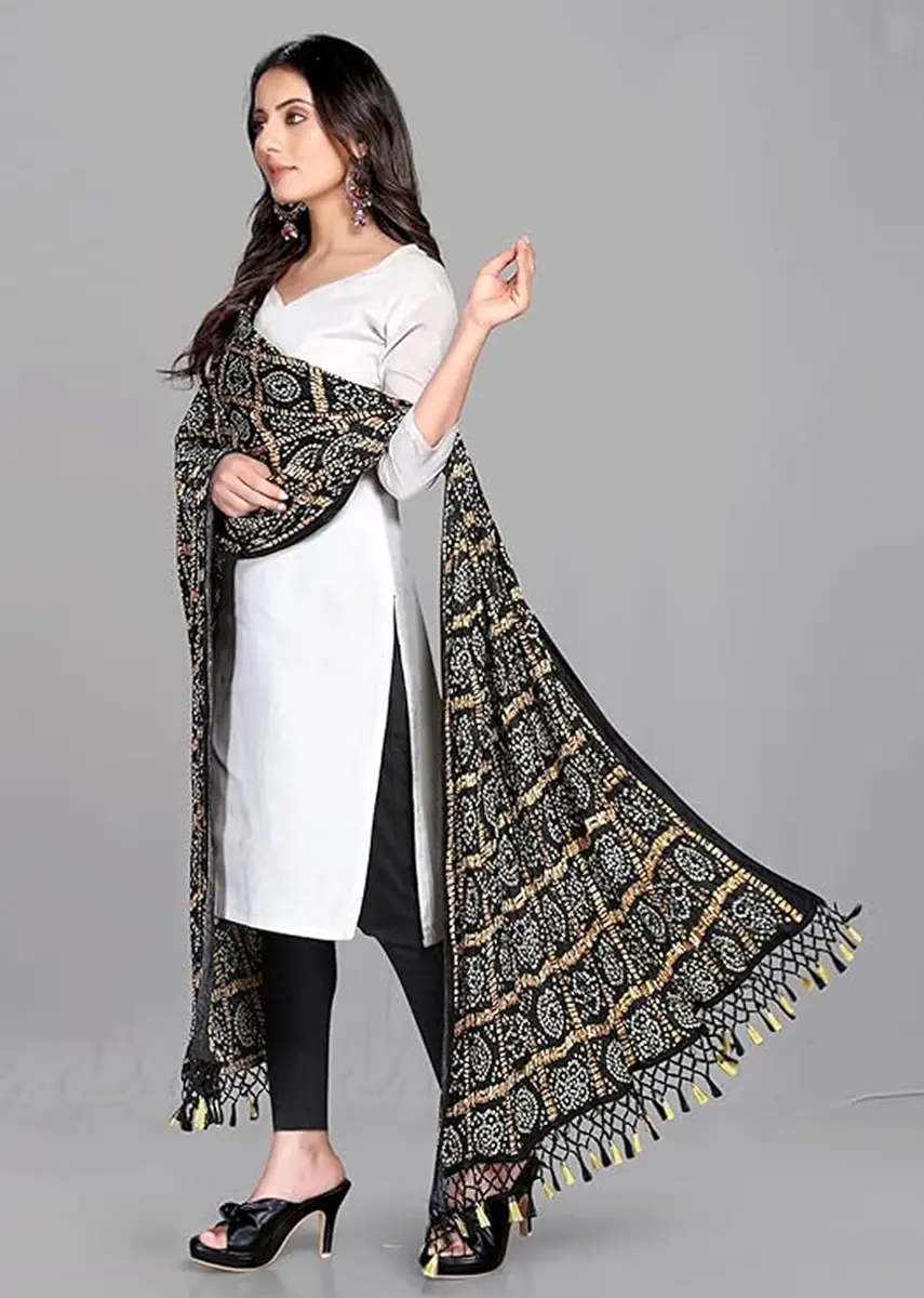 TRENDMALLS Women's Bandhej Chinon Silk Dupatta 225cm x 120cm | Black Geometric Print with Tassel Border - view 3