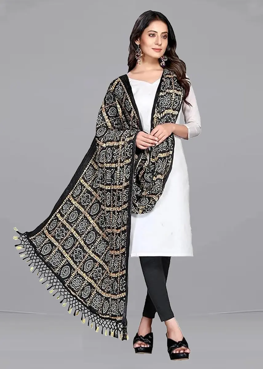TRENDMALLS Women's Bandhej Chinon Silk Dupatta 225cm x 120cm | Black Geometric Print with Tassel Border - view 4