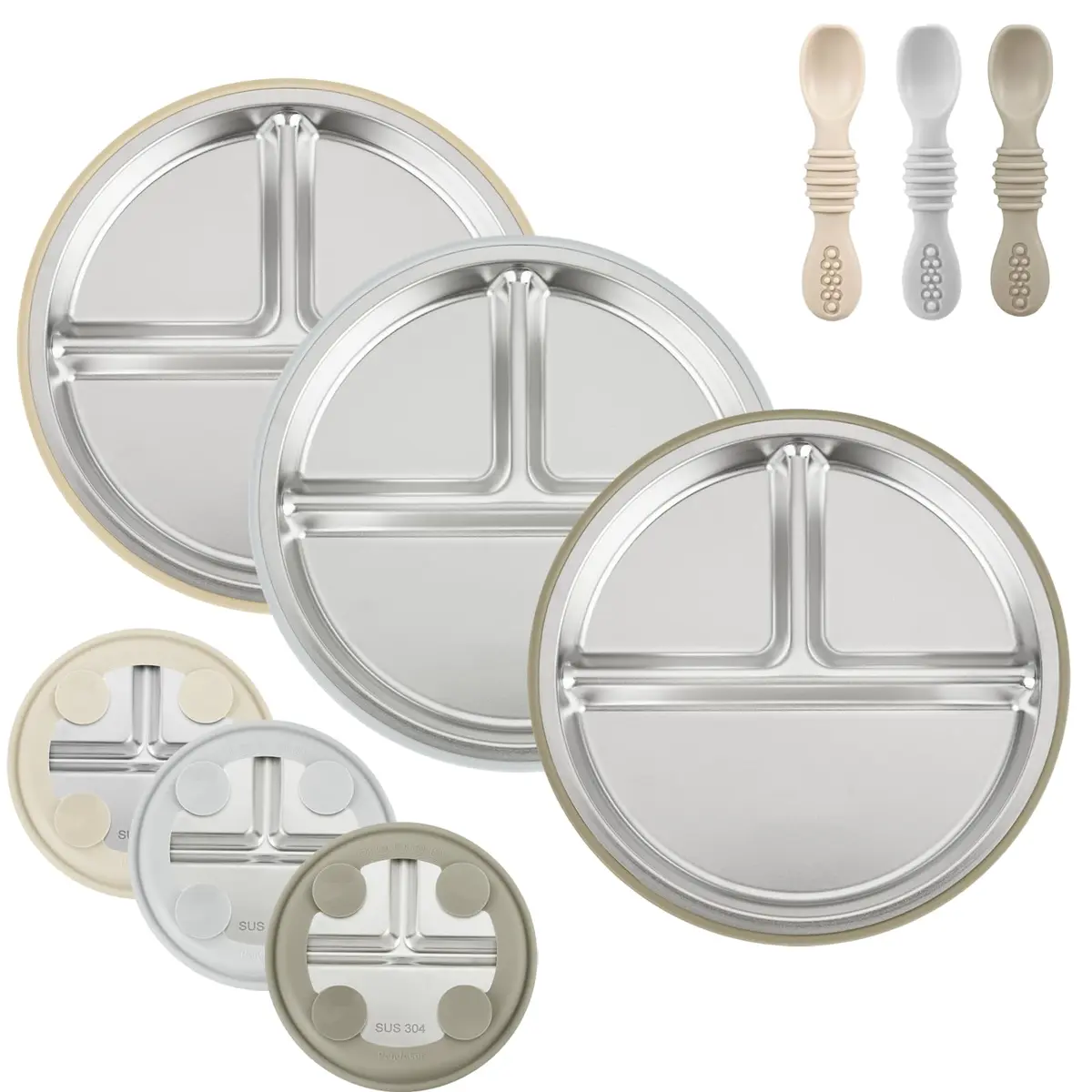 PandaEar 3 Pack Stainless Steel Baby Suction Plates | Divided Toddler Plate for Baby Led Weaning, Non-Slip, Dishwasher Safe - main product image