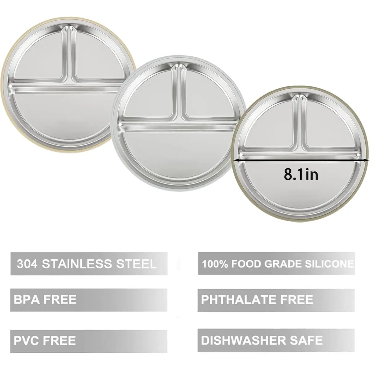PandaEar 3 Pack Stainless Steel Baby Suction Plates | Divided Toddler Plate for Baby Led Weaning, Non-Slip, Dishwasher Safe - view 2