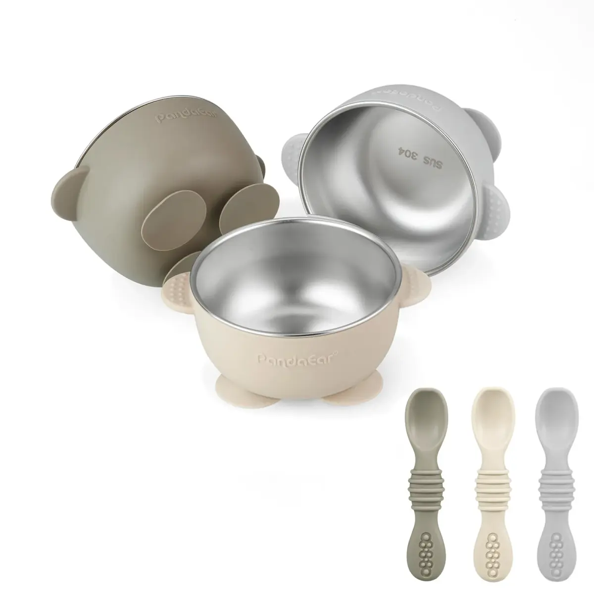 PandaEar 3 Pack Stainless Steel Suction Baby Bowls & Spoons Set | BPA-Free Baby Led Weaning Set (Linen Brown Grey) - main product image