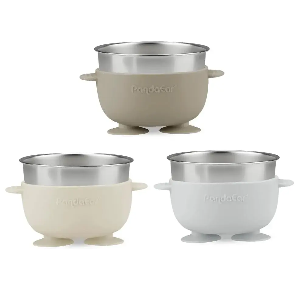 PandaEar 3 Pack Stainless Steel Suction Baby Bowls & Spoons Set | BPA-Free Baby Led Weaning Set (Linen Brown Grey) - view 5