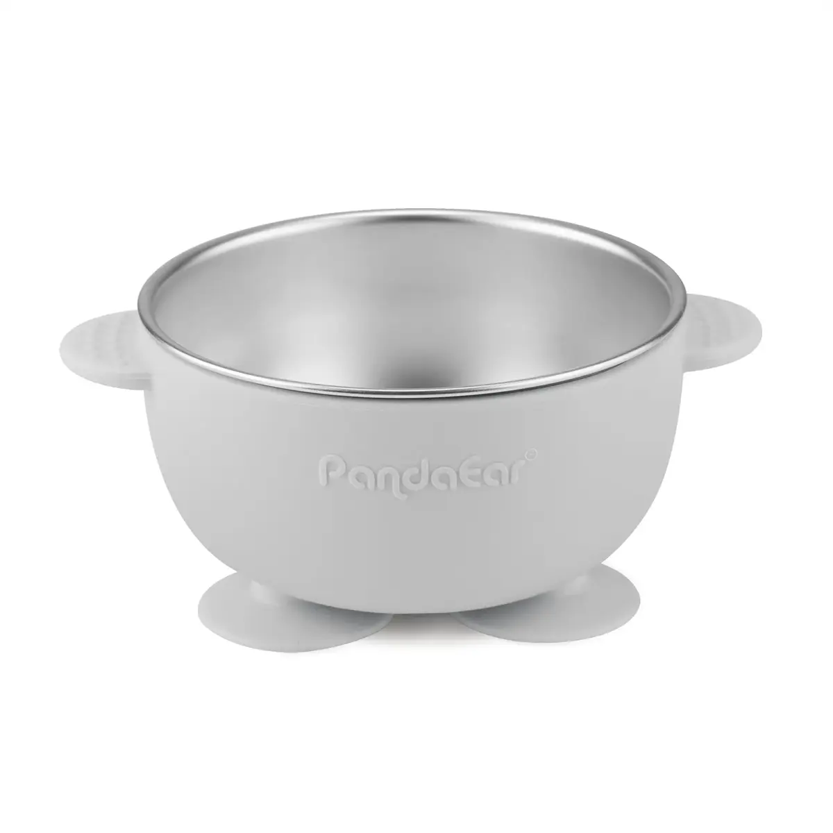 PandaEar 3 Pack Stainless Steel Suction Baby Bowls & Spoons Set | BPA-Free Baby Led Weaning Set (Linen Brown Grey) - view 7