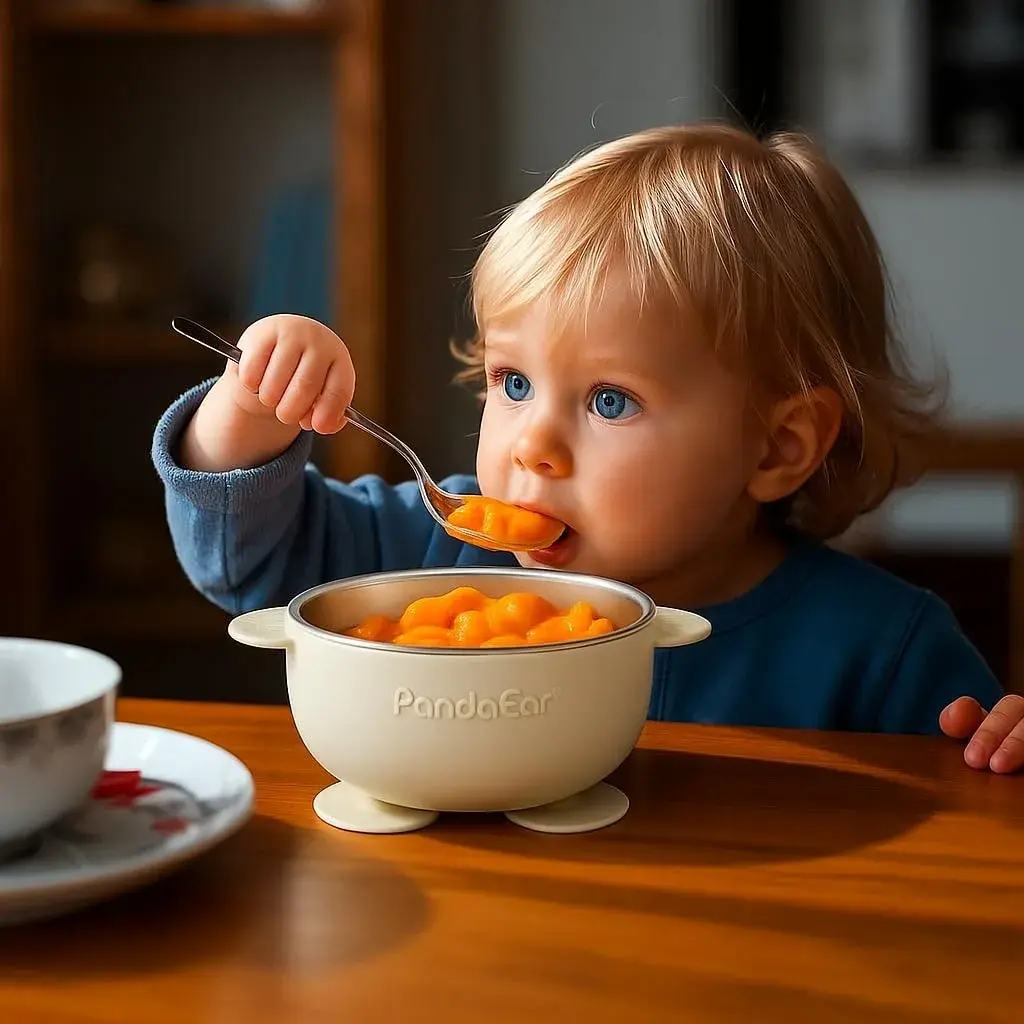 PandaEar 3 Pack Stainless Steel Suction Baby Bowls & Spoons Set | BPA-Free Baby Led Weaning Set (Linen Brown Grey) - view 2