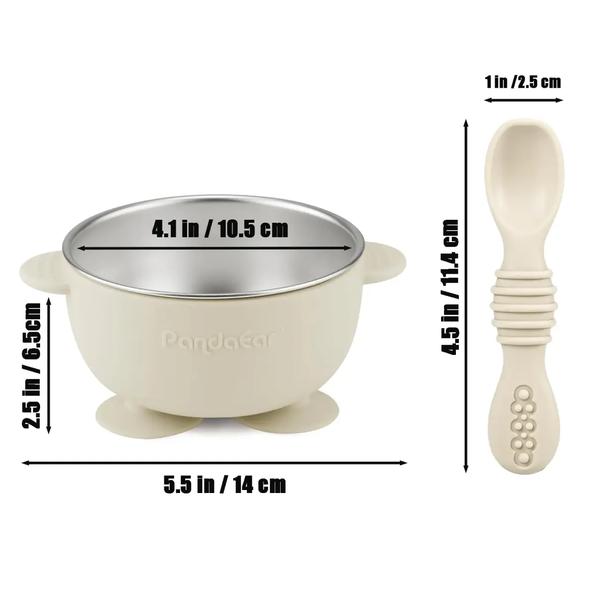 PandaEar 3 Pack Stainless Steel Suction Baby Bowls & Spoons Set | BPA-Free Baby Led Weaning Set (Linen Brown Grey) - view 3