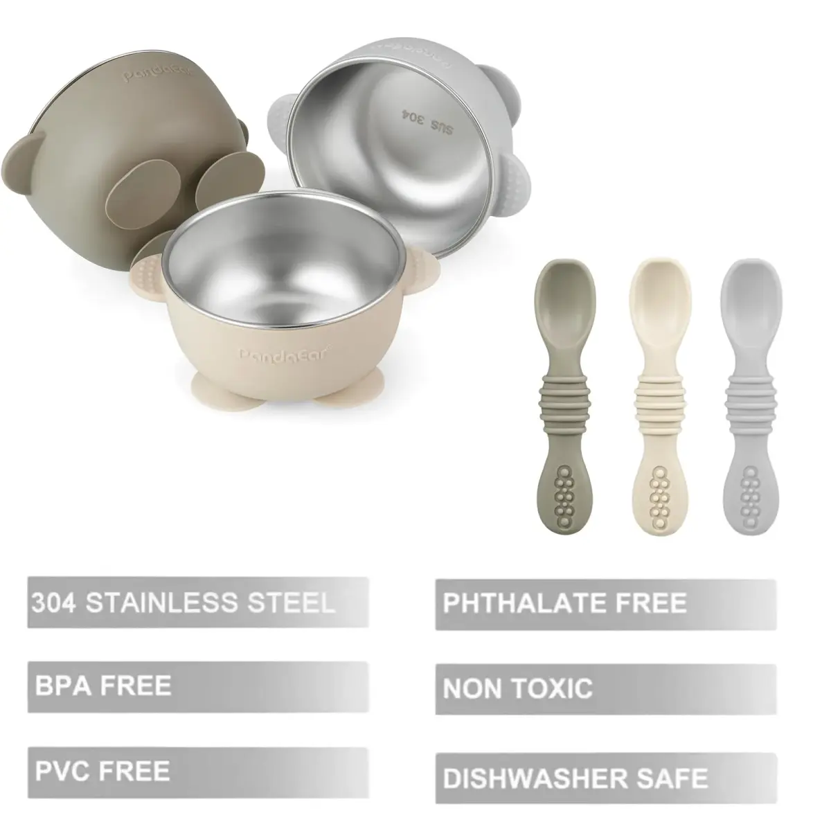 PandaEar 3 Pack Stainless Steel Suction Baby Bowls & Spoons Set | BPA-Free Baby Led Weaning Set (Linen Brown Grey) - view 4