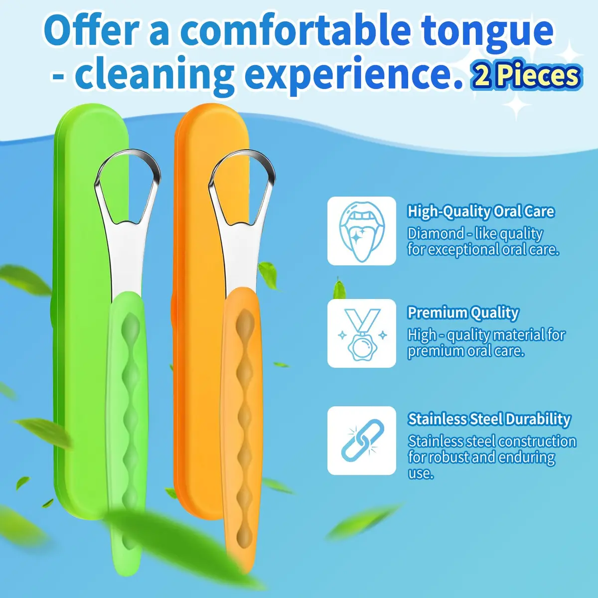 RIKKUSE 2-Pack Stainless Steel Tongue Scraper Set with Travel Cases | Removes Bad Breath & Buildup - view 2