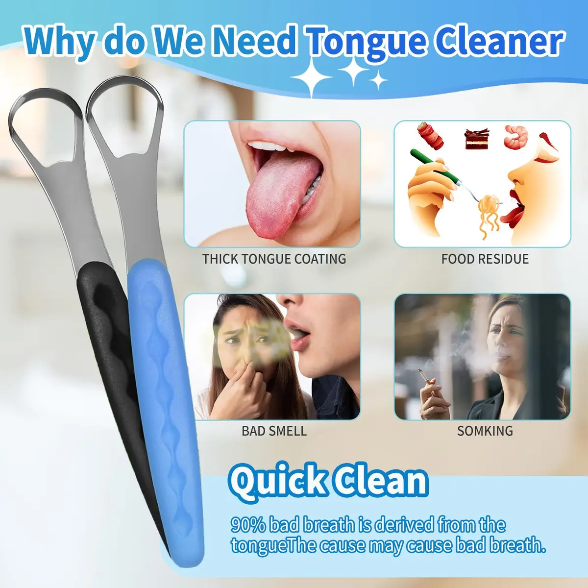 RIKKUSE Stainless Steel Tongue Scraper Set 4-Pack (5 inches Length) | Removes Bad Breath & Buildup - view 4