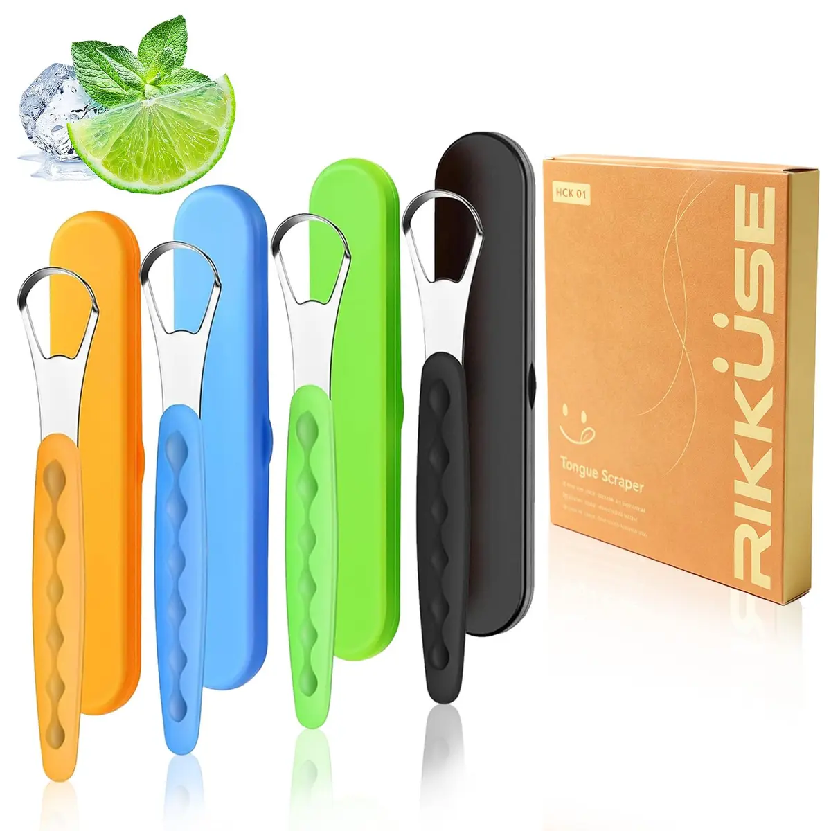 RIKKUSE Stainless Steel Tongue Scraper Set 4-Pack (5 inches Length) | Removes Bad Breath & Buildup - main product image
