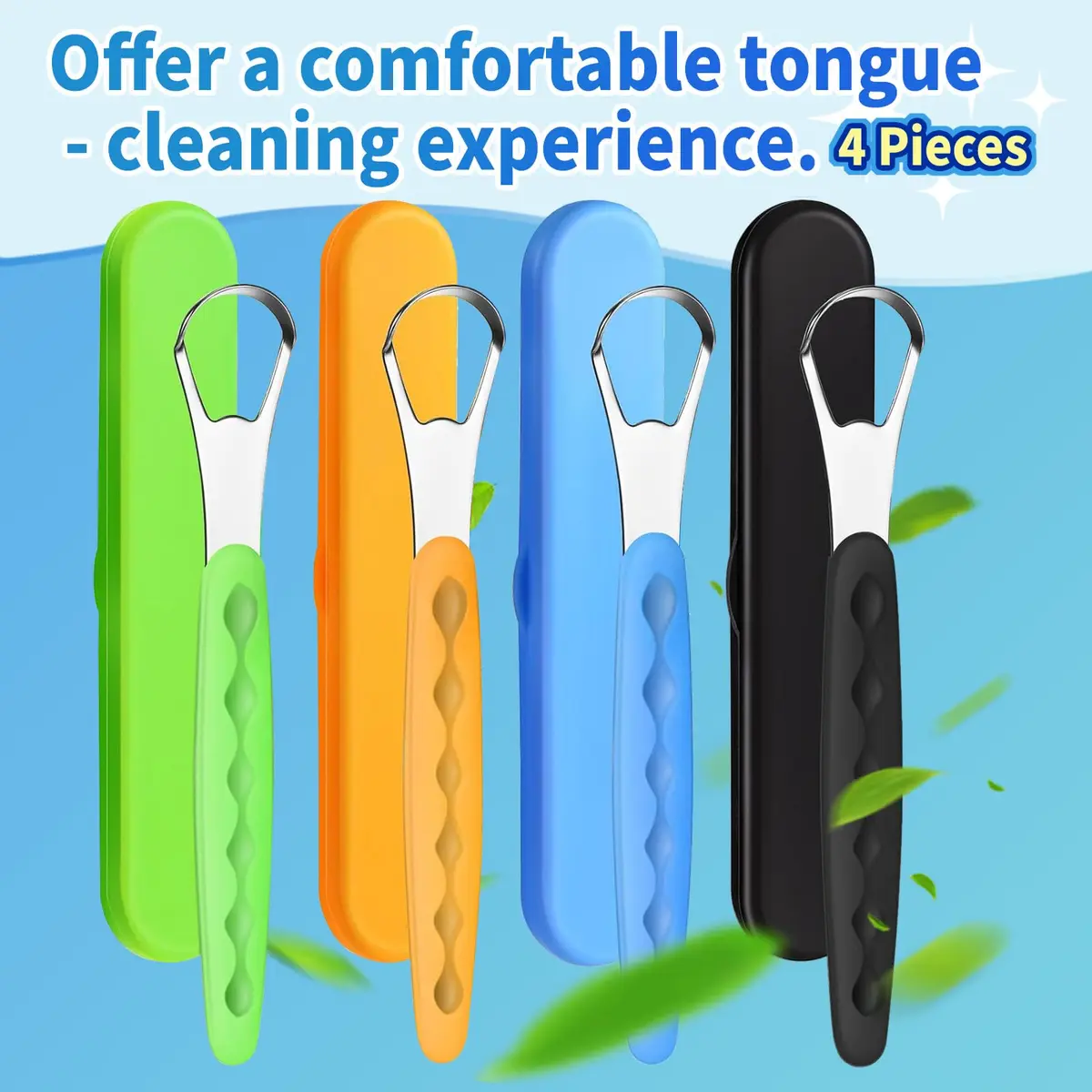 RIKKUSE Stainless Steel Tongue Scraper Set 4-Pack (5 inches Length) | Removes Bad Breath & Buildup - view 2