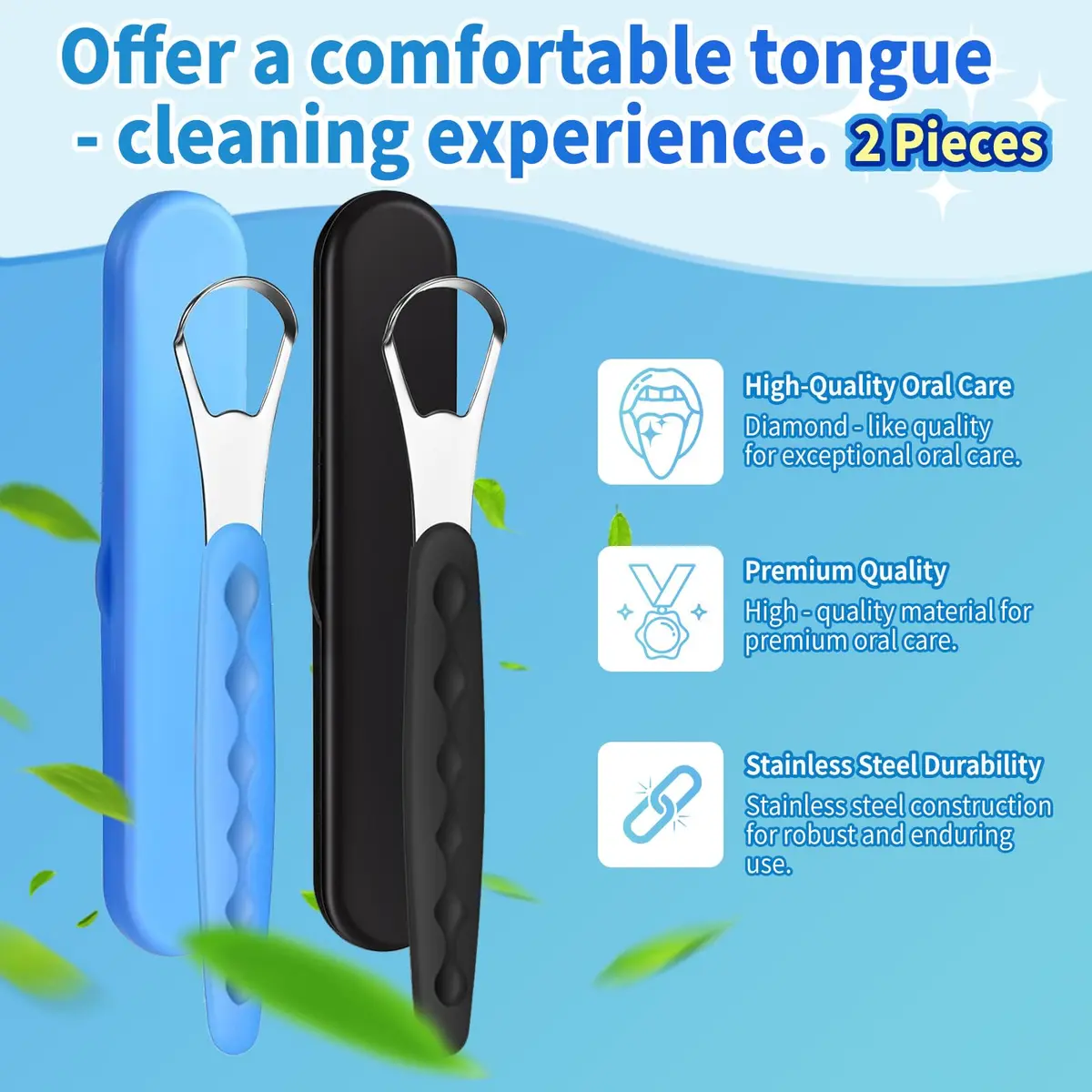 RIKKUSE 2-Pack Stainless Steel Tongue Scraper with Travel Case | Oral Hygiene Tool for Bad Breath - view 2