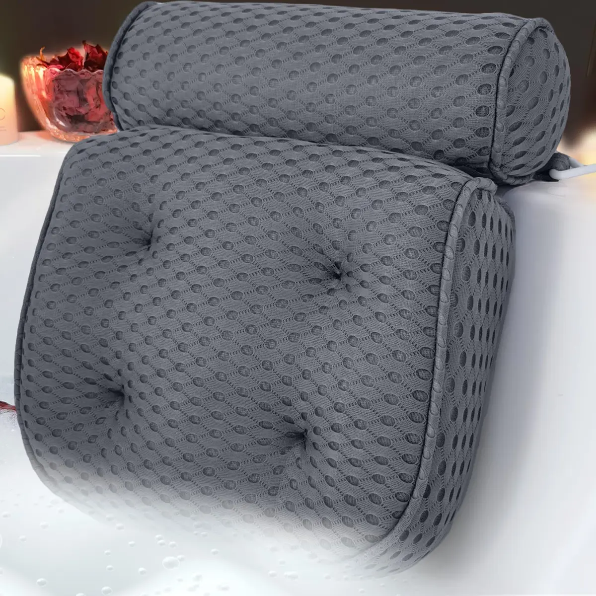 AEROiVi Luxury Bath Pillow for Tub Soft Mesh 6 Suction Cups Gray | Head and Neck Support for Relaxing Spa Baths - main product image