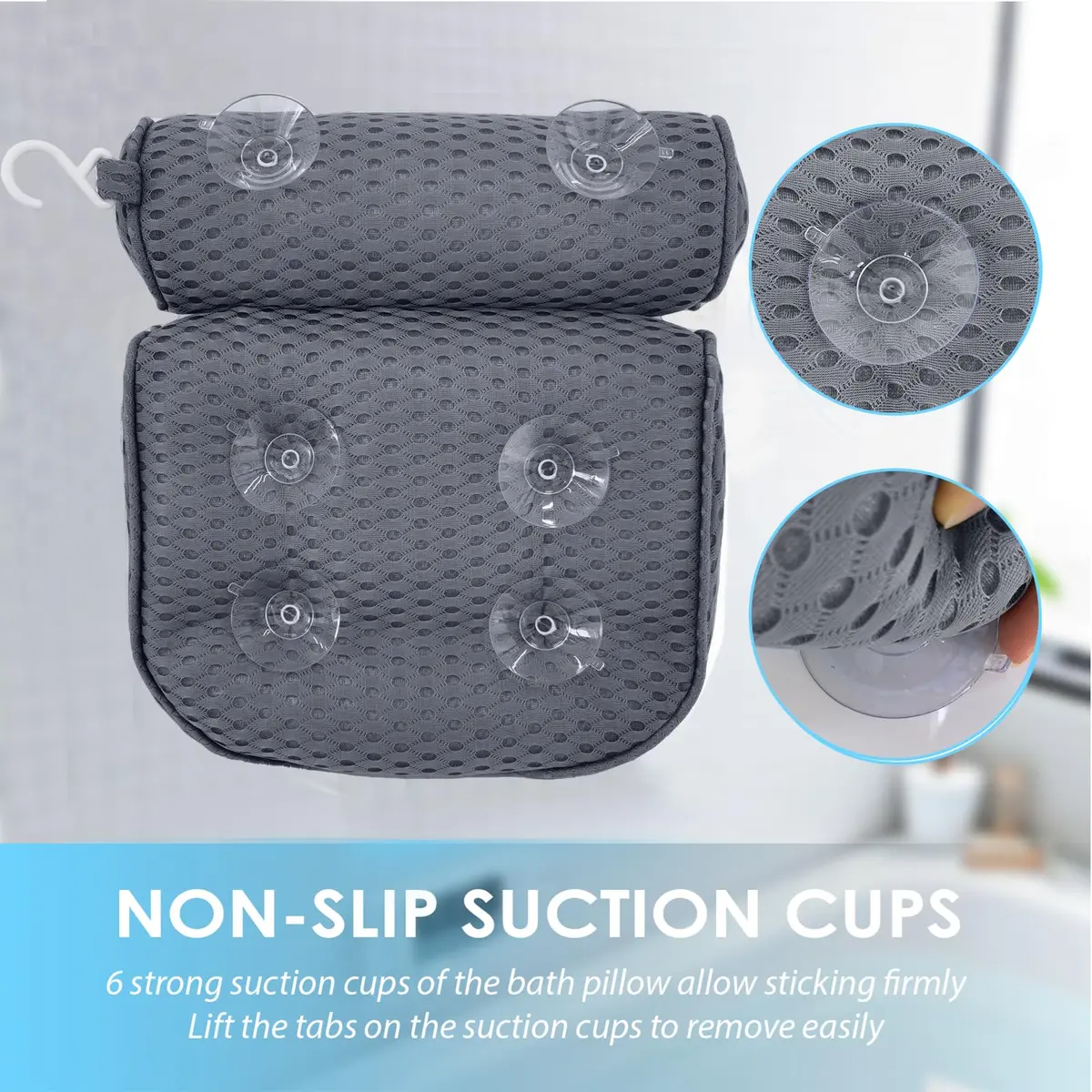 AEROiVi Luxury Bath Pillow for Tub Soft Mesh 6 Suction Cups Gray | Head and Neck Support for Relaxing Spa Baths - view 3