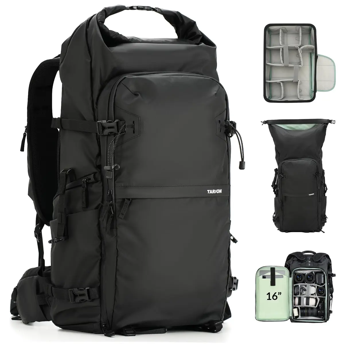 TARION Extra Large Camera Backpack 35L Expandable Rolltop Black | Water-Resistant, Ergonomic for Long Shoots - main product image