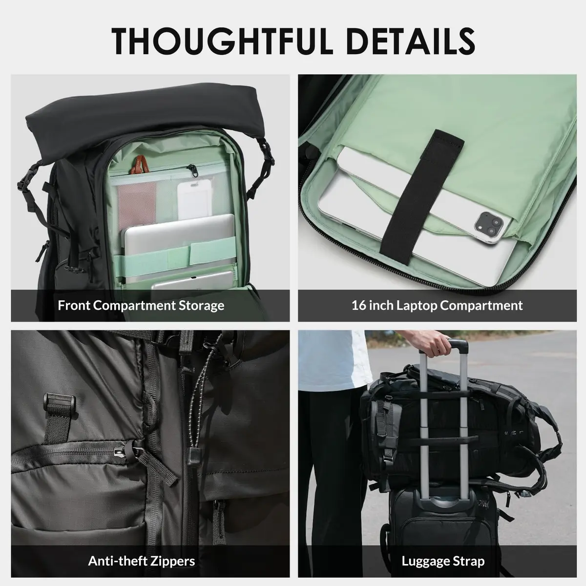 TARION Extra Large Camera Backpack 35L Expandable Rolltop Black | Water-Resistant, Ergonomic for Long Shoots - view 6