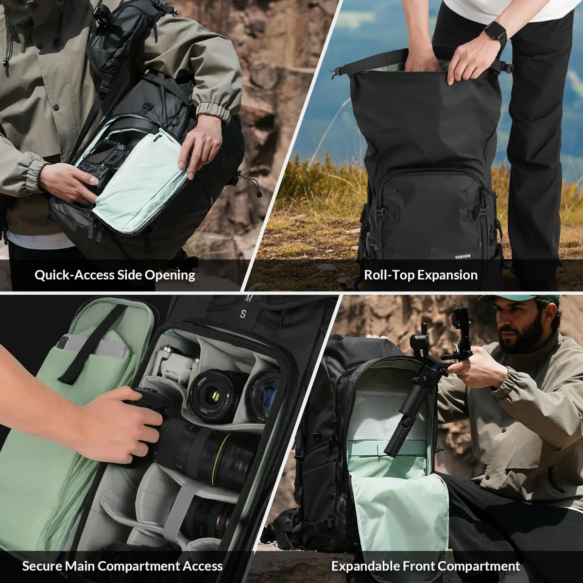 TARION Extra Large Camera Backpack 35L Expandable Rolltop Black | Water-Resistant, Ergonomic for Long Shoots - view 7