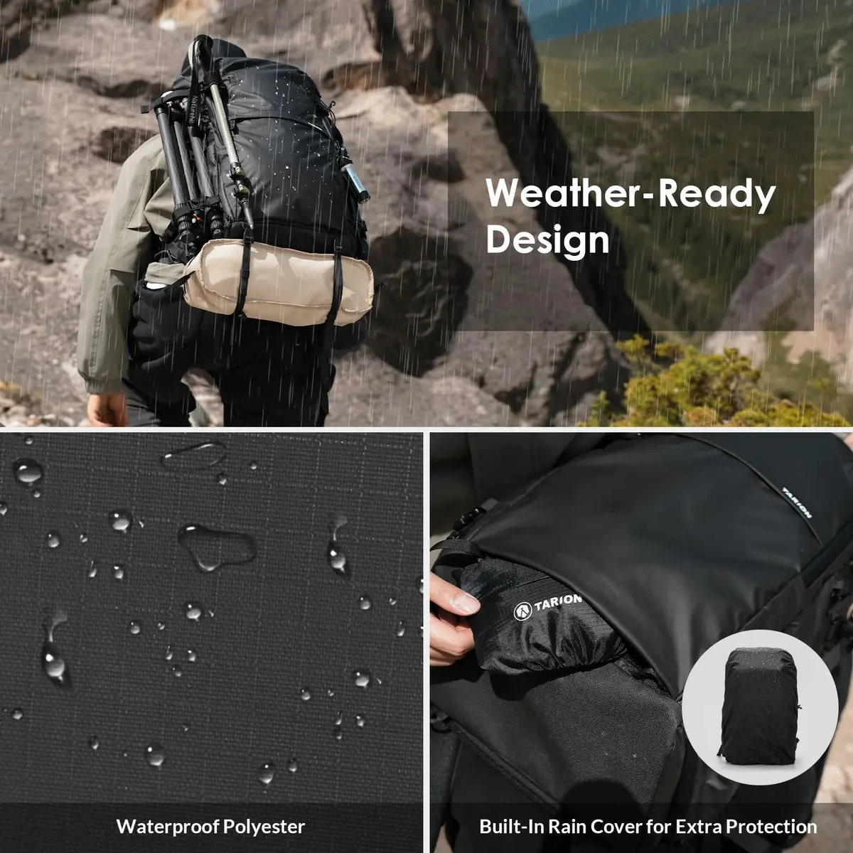 TARION Extra Large Camera Backpack 35L Expandable Rolltop Black | Water-Resistant, Ergonomic for Long Shoots - view 8