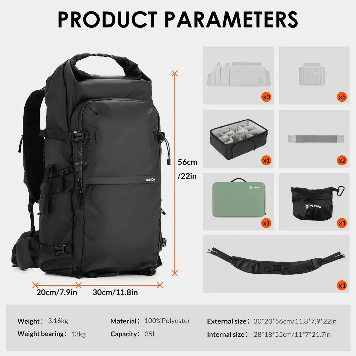TARION Extra Large Camera Backpack 35L Expandable Rolltop Black | Water-Resistant, Ergonomic for Long Shoots - view 9