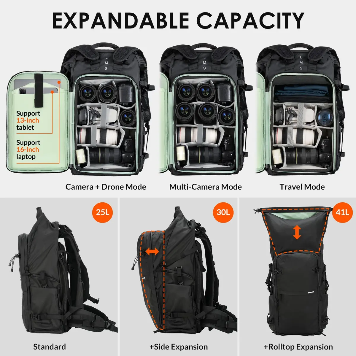 TARION Extra Large Camera Backpack 35L Expandable Rolltop Black | Water-Resistant, Ergonomic for Long Shoots - view 2