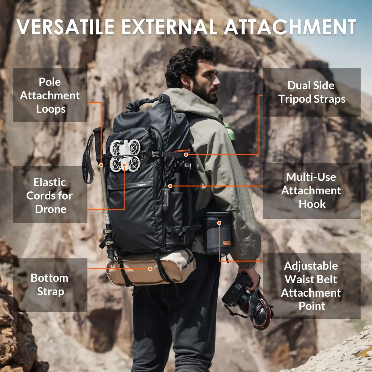 TARION Extra Large Camera Backpack 35L Expandable Rolltop Black | Water-Resistant, Ergonomic for Long Shoots - view 3
