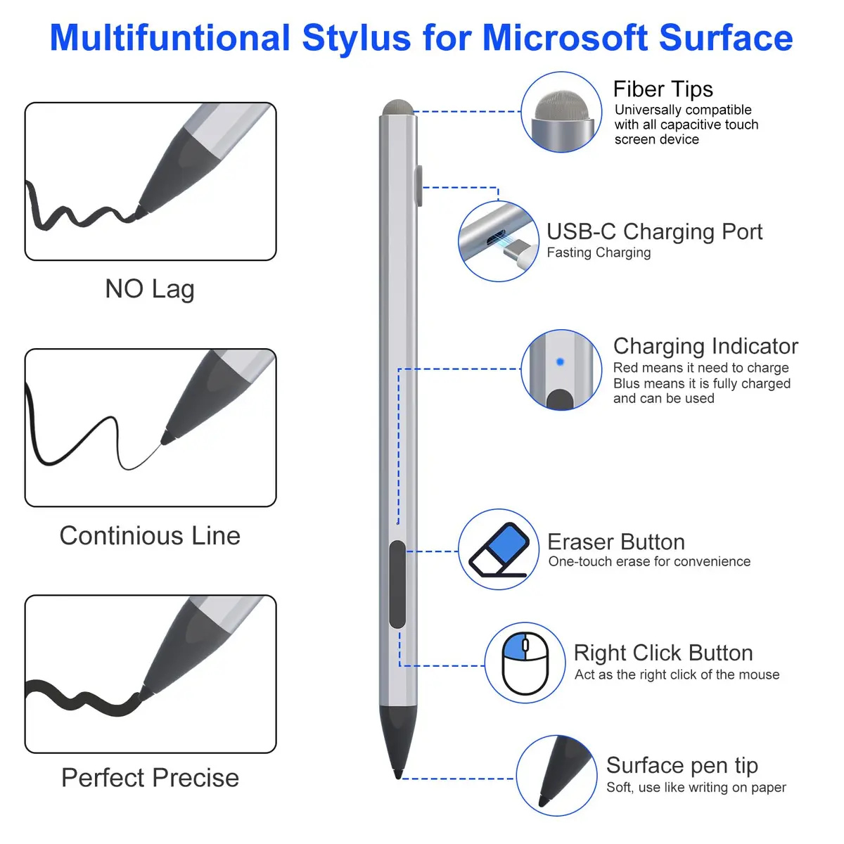 Arsandyn Surface Pro Pencil Stylus Pen for Surface Pro 12/11/9/10/8/X/7/6/5/4/3 with 4 Nibs, 4096 Pressure Levels, Palm Rejection, Silver (14.5 cm) - view 2