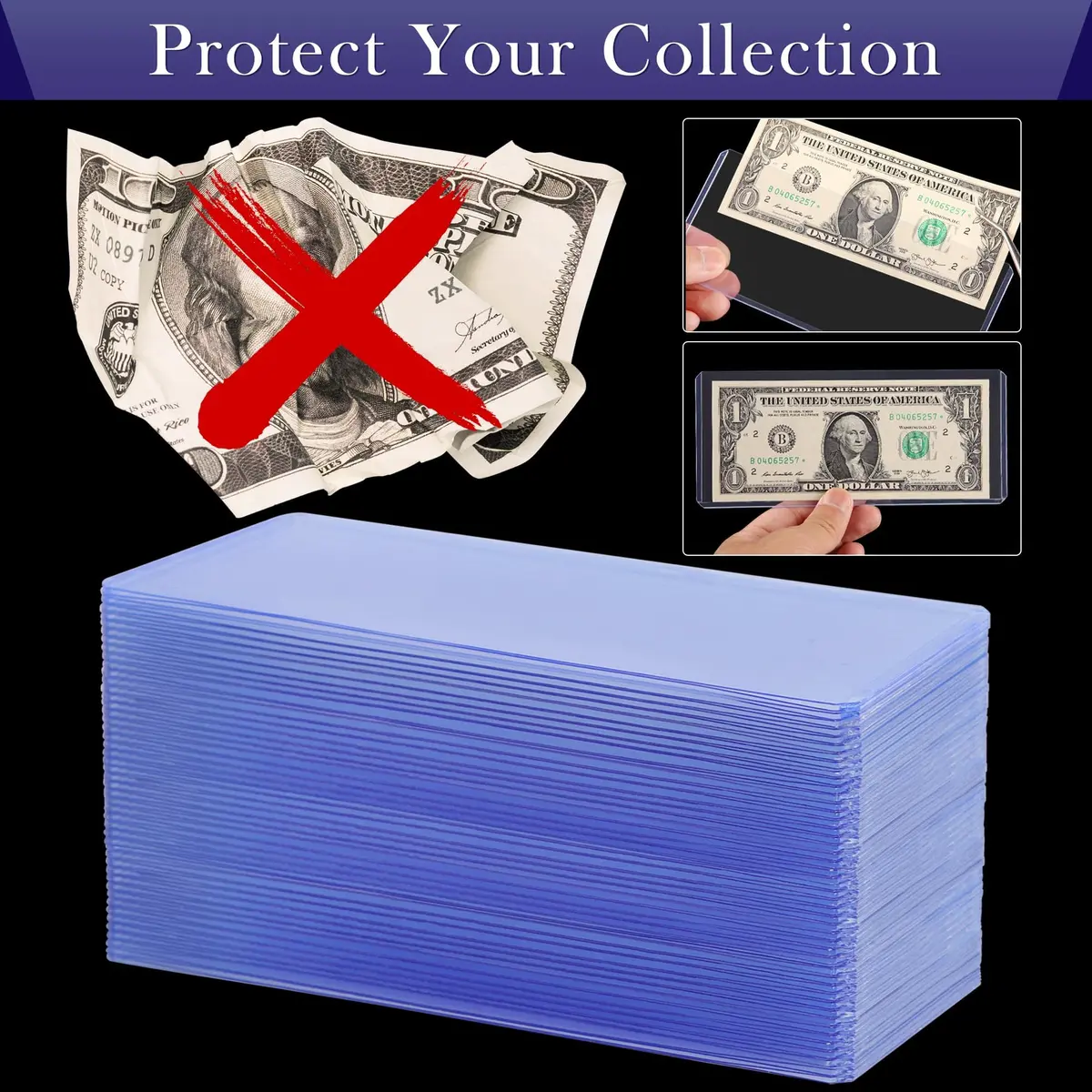 Uncle Paul Blue Clear Banknote Holders 16.7cm x 7.1cm (6.6"x2.8") | Top-Load Bill Sleeves for Collectibles - view 5