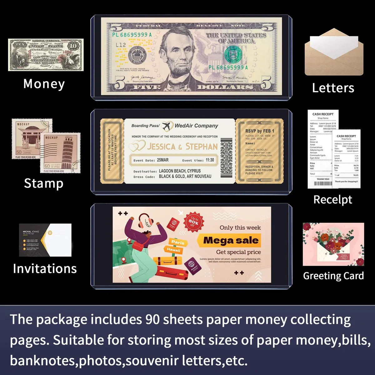 Uncle Paul Blue Clear Banknote Holders 16.7cm x 7.1cm (6.6"x2.8") | Top-Load Bill Sleeves for Collectibles - view 6