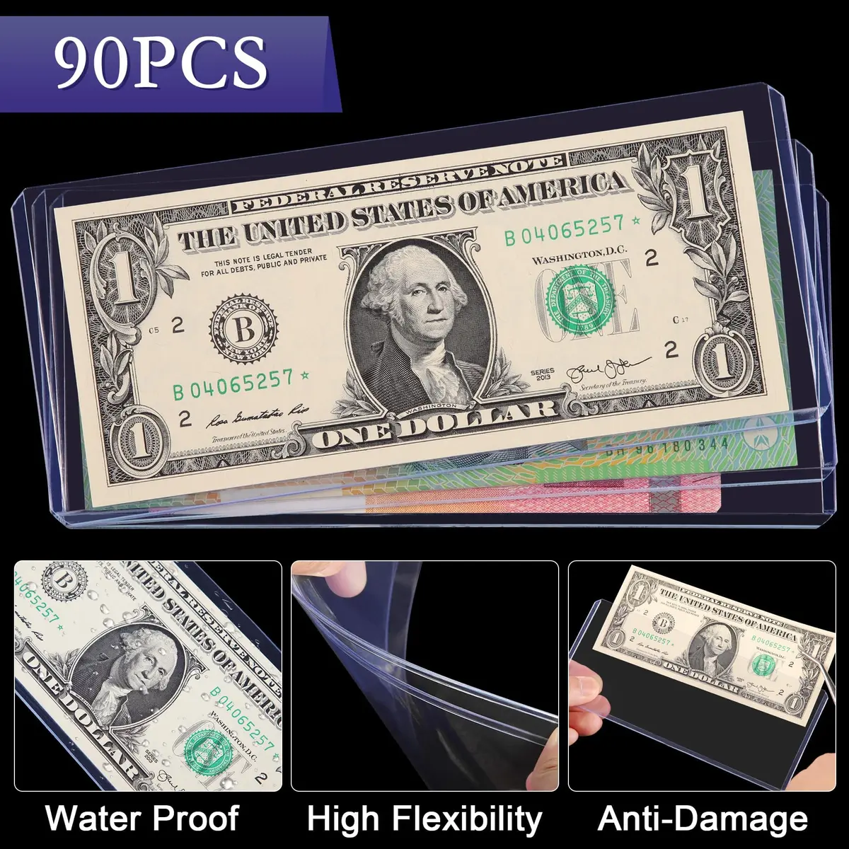 Uncle Paul Blue Clear Banknote Holders 16.7cm x 7.1cm (6.6"x2.8") | Top-Load Bill Sleeves for Collectibles - view 3