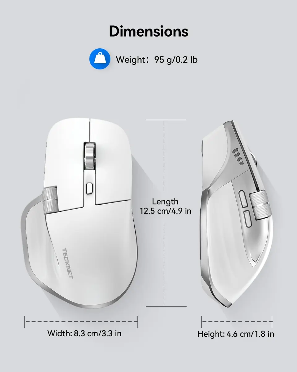 TECKNET Wireless Mouse, 3-Device Bluetooth Rechargeable Ergonomic Optical Mouse with Side Scroll Wheel & 6-Level DPI | 4800 DPI - view 5