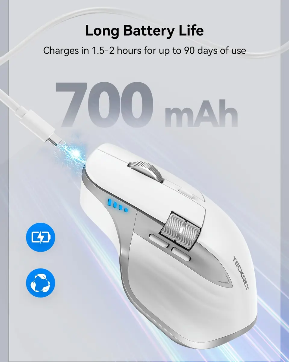 TECKNET Wireless Mouse, 3-Device Bluetooth Rechargeable Ergonomic Optical Mouse with Side Scroll Wheel & 6-Level DPI | 4800 DPI - view 6