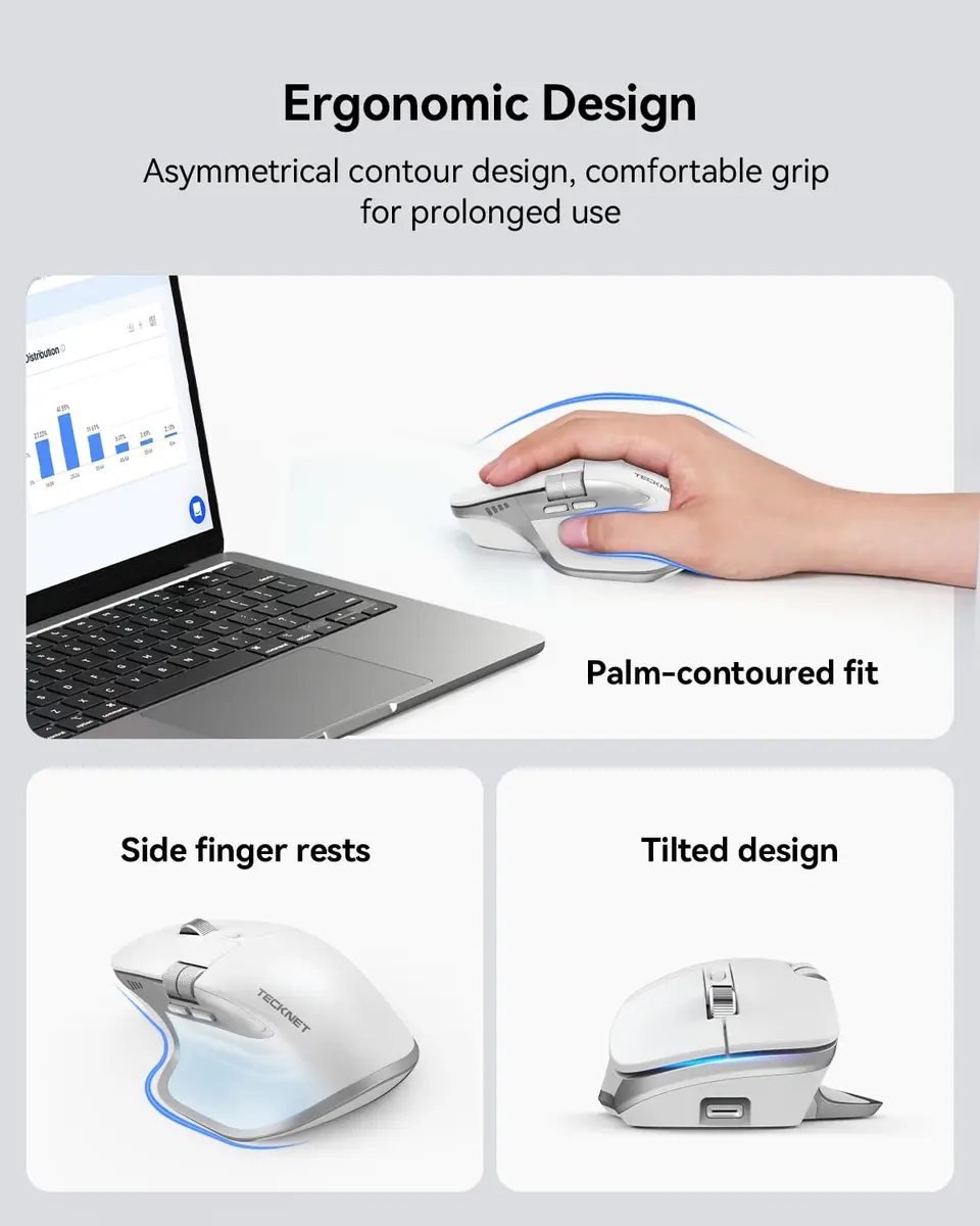 TECKNET Wireless Mouse, 3-Device Bluetooth Rechargeable Ergonomic Optical Mouse with Side Scroll Wheel & 6-Level DPI | 4800 DPI - view 8