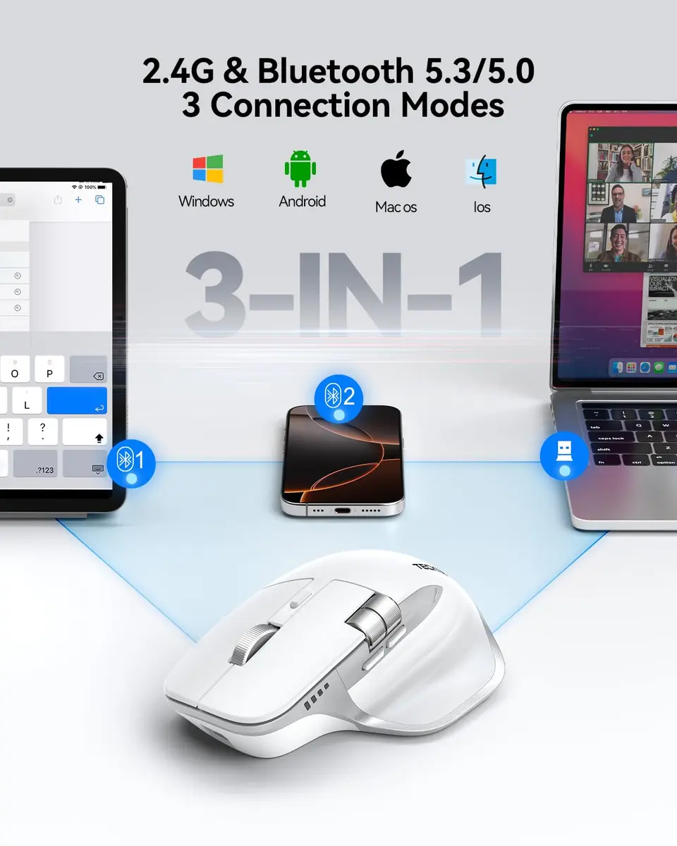 TECKNET Wireless Mouse, 3-Device Bluetooth Rechargeable Ergonomic Optical Mouse with Side Scroll Wheel & 6-Level DPI | 4800 DPI - view 2