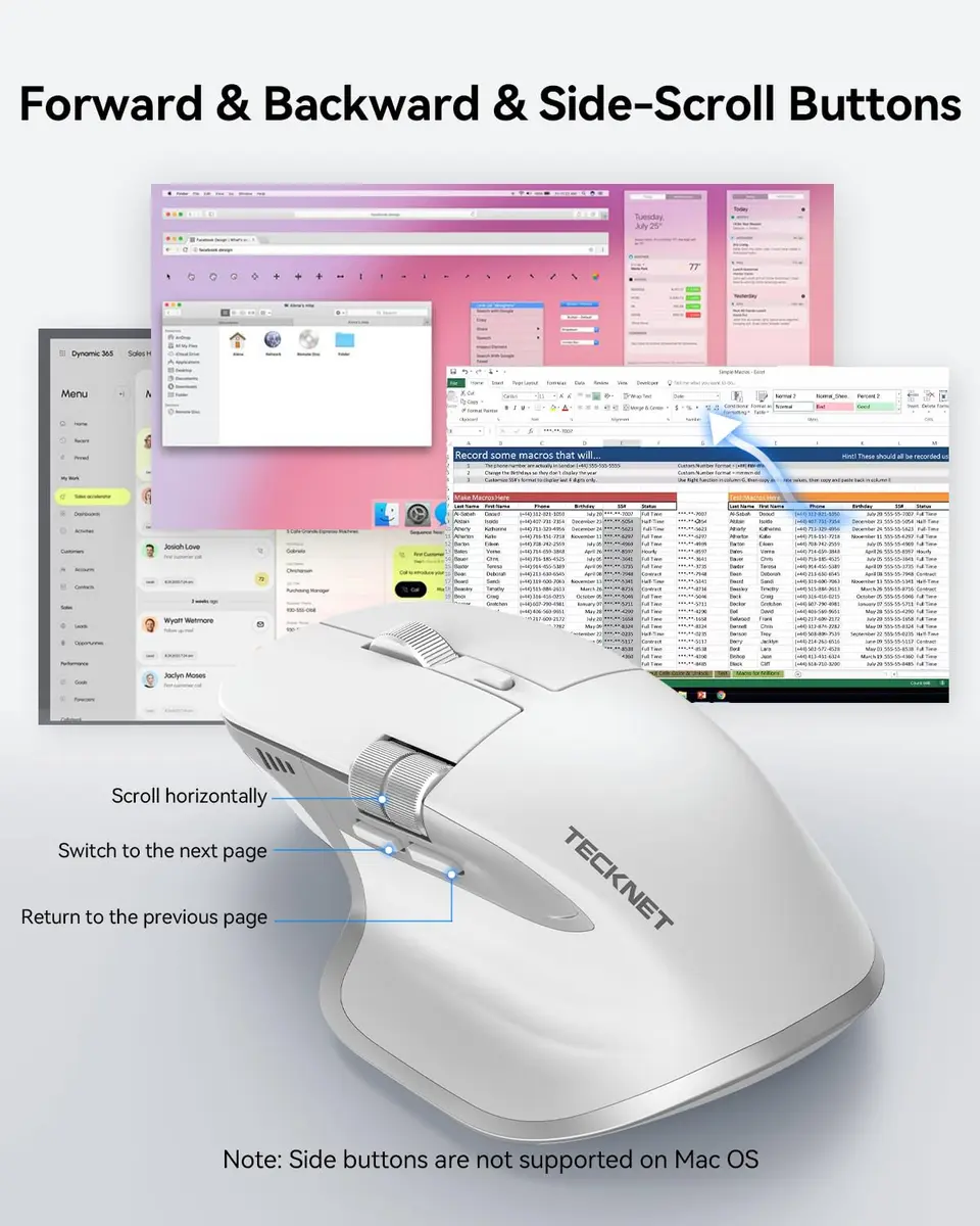 TECKNET Wireless Mouse, 3-Device Bluetooth Rechargeable Ergonomic Optical Mouse with Side Scroll Wheel & 6-Level DPI | 4800 DPI - view 3