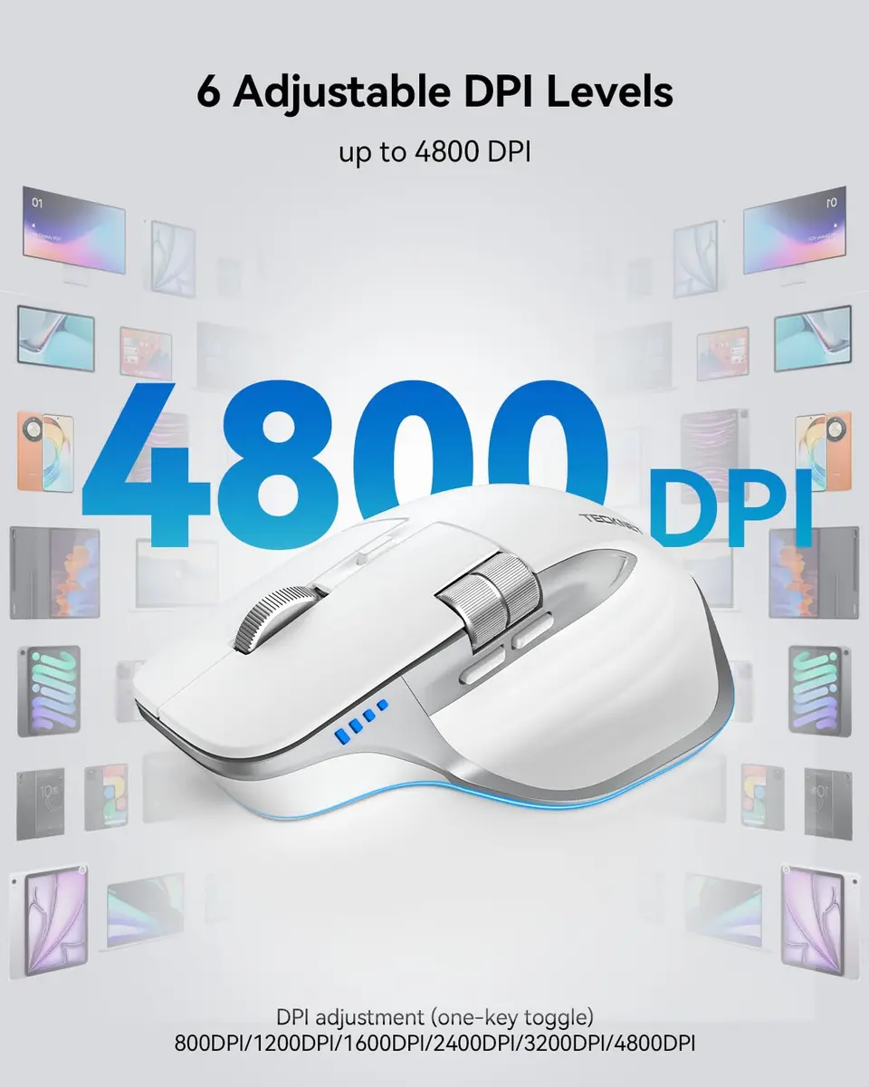TECKNET Wireless Mouse, 3-Device Bluetooth Rechargeable Ergonomic Optical Mouse with Side Scroll Wheel & 6-Level DPI | 4800 DPI - view 4