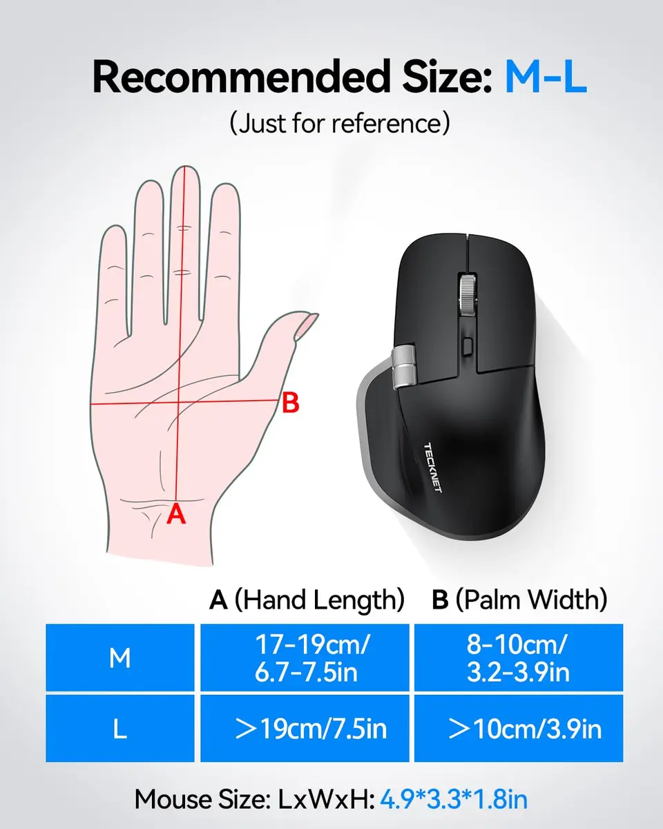 TECKNET Wireless Mouse, 3-Device Bluetooth Rechargeable, 4800 DPI Optical Mouse with Side Scroll Wheel | 36-Month Warranty - view 4