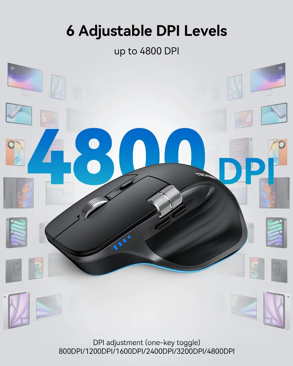 TECKNET Wireless Mouse, 3-Device Bluetooth Rechargeable, 4800 DPI Optical Mouse with Side Scroll Wheel | 36-Month Warranty - view 5