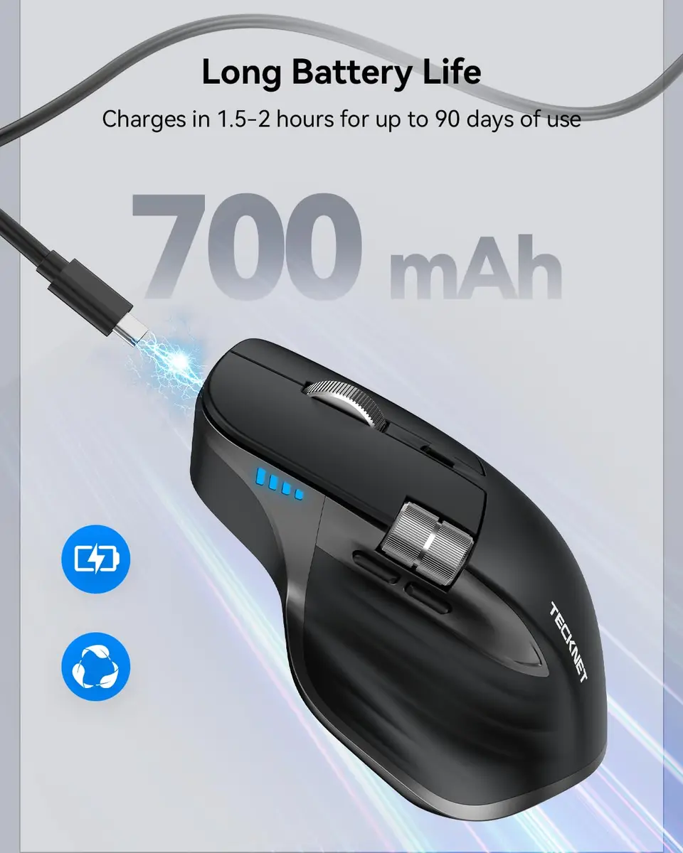 TECKNET Wireless Mouse, 3-Device Bluetooth Rechargeable, 4800 DPI Optical Mouse with Side Scroll Wheel | 36-Month Warranty - view 6