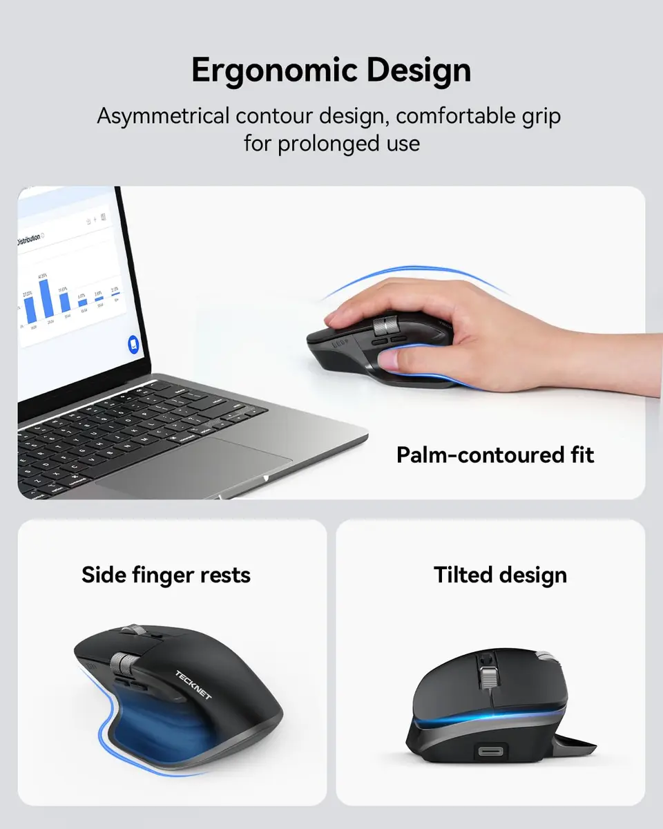TECKNET Wireless Mouse, 3-Device Bluetooth Rechargeable, 4800 DPI Optical Mouse with Side Scroll Wheel | 36-Month Warranty - view 8