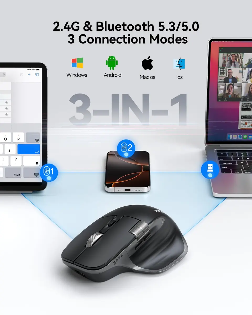 TECKNET Wireless Mouse, 3-Device Bluetooth Rechargeable, 4800 DPI Optical Mouse with Side Scroll Wheel | 36-Month Warranty - view 2