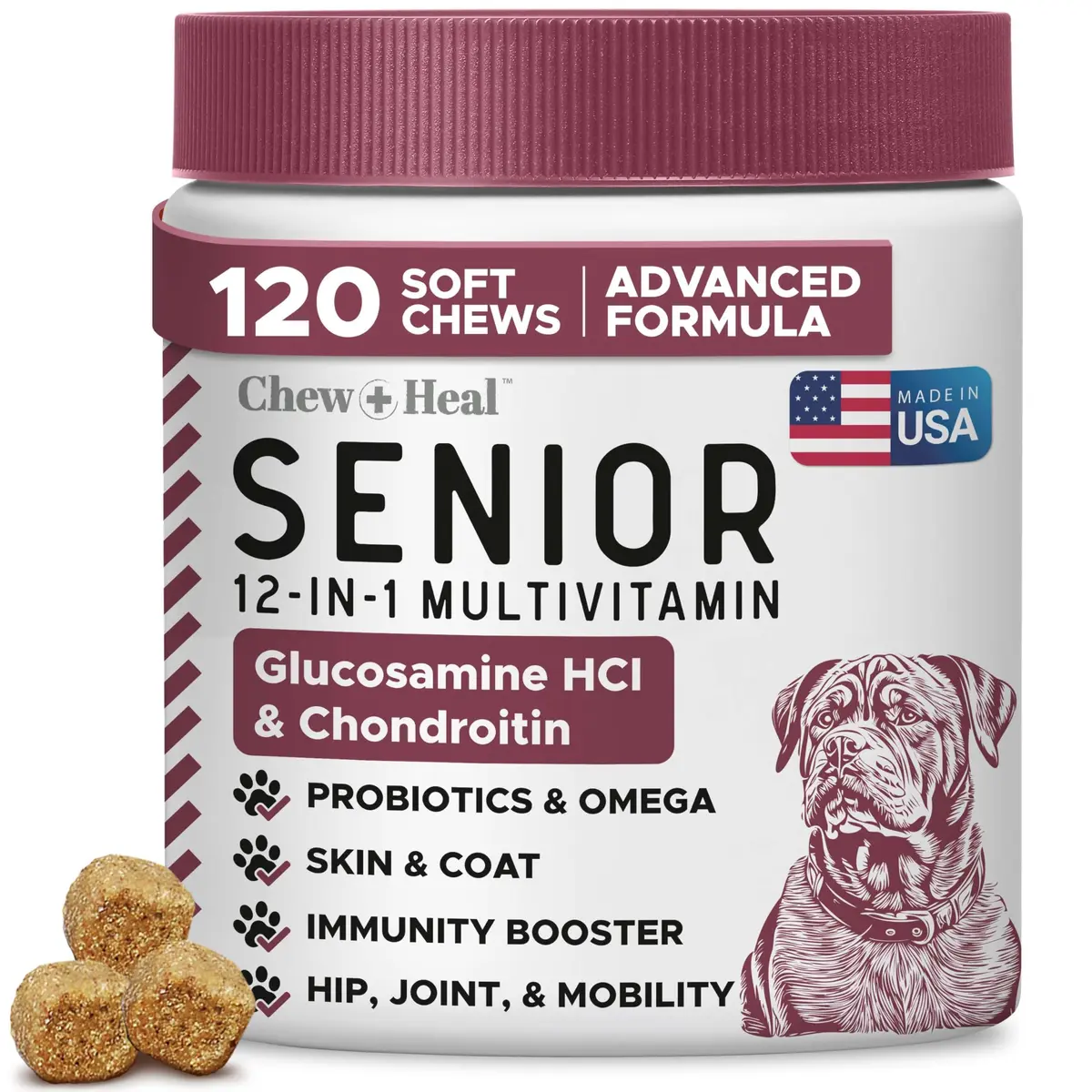Chew + Heal Labs Senior Dog Multivitamin 120 Soft Chews | Supports Joints, Gut & Skin - main product image